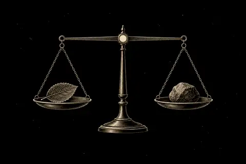 A balanced scale holds a leaf and a stone without tipping, with gold marking the still pivot.