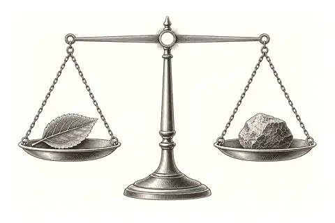 A balanced scale holds a leaf and a stone without tipping, with gold marking the still pivot.