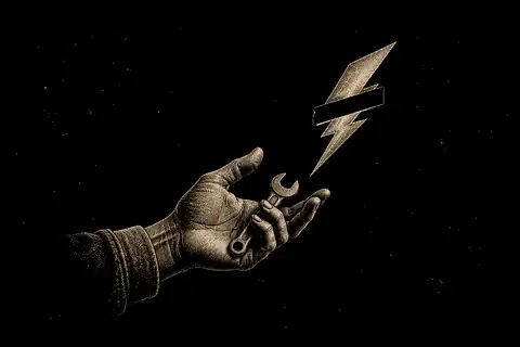An open hand releases a redacted lightning bolt while still holding a small tool, with no gold because the gesture separates charge from action.