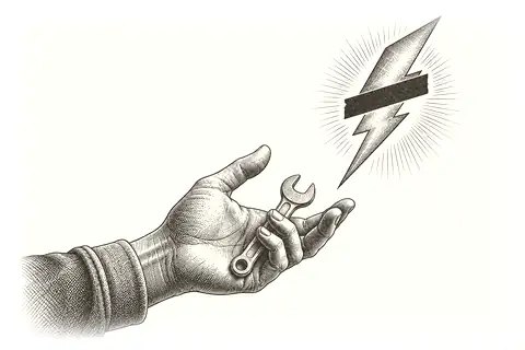 An open hand releases a redacted lightning bolt while still holding a small tool, with no gold because the gesture separates charge from action.