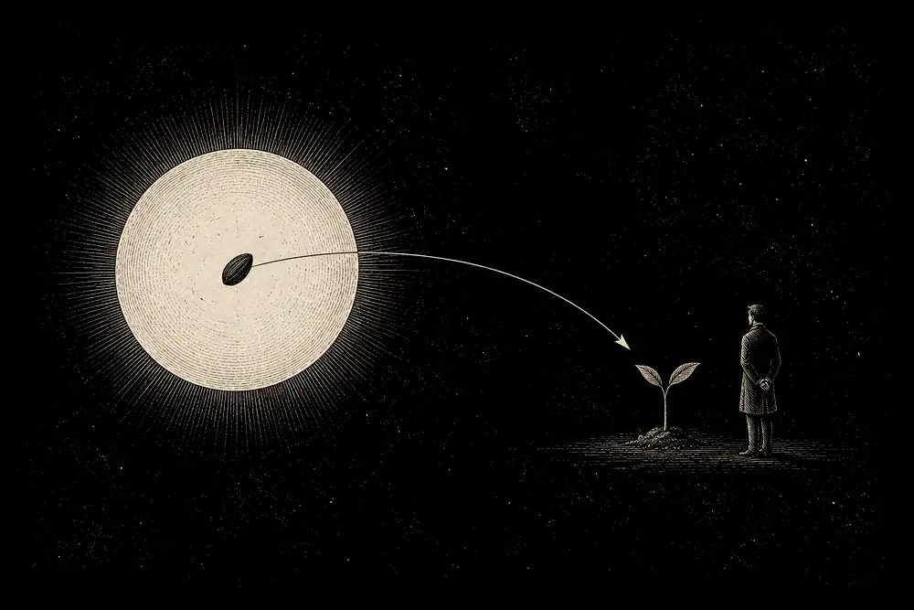 A seed falls in an arc from a wide open circle of light and roots in the ground, where it sprouts back into a small figure.