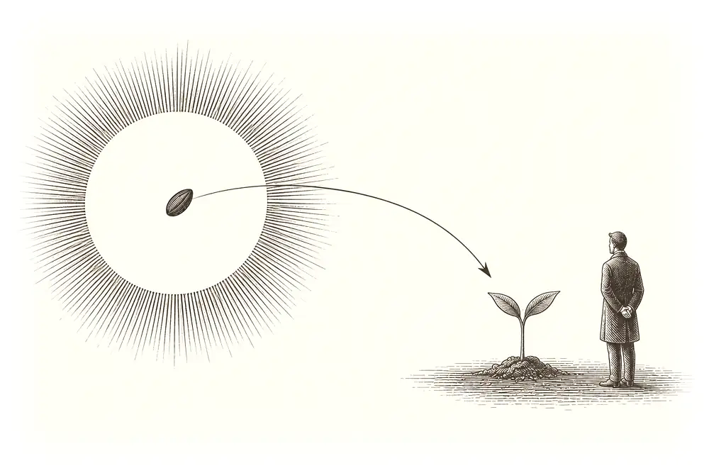 A seed falls in an arc from a wide open circle of light and roots in the ground, where it sprouts back into a small figure.