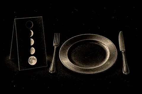 A menu card listing the stages of absorption beside an empty plate with knife and fork