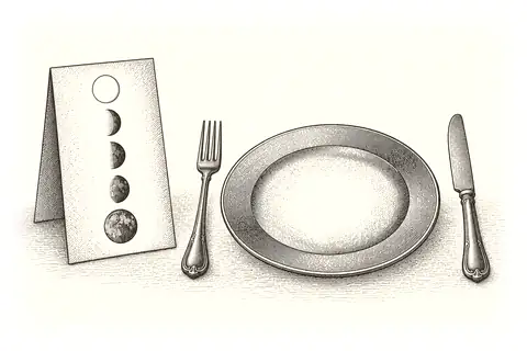 A menu card listing the stages of absorption beside an empty plate with knife and fork