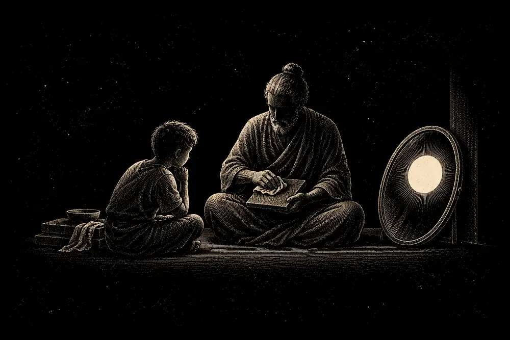 A teacher sits beside a meditating student, polishing a flat stone tile; the student looks puzzled; a round mirror leans against the wall reflecting a gold circle