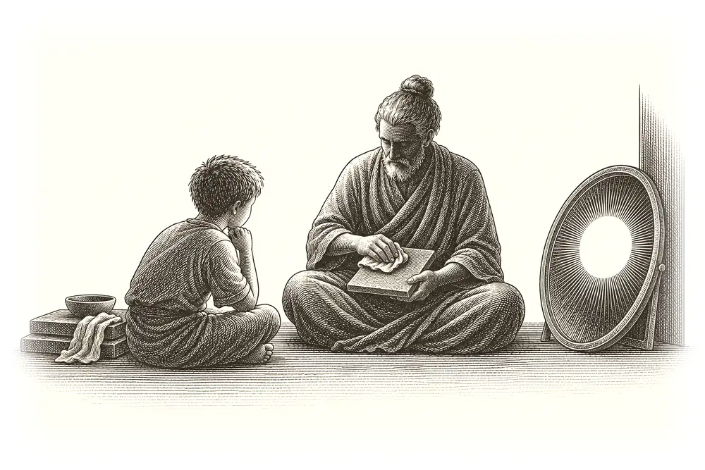 A teacher sits beside a meditating student, polishing a flat stone tile; the student looks puzzled; a round mirror leans against the wall reflecting a gold circle
