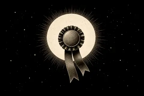 A prize ribbon marked state hangs briefly in an open sky, with gold marking the sky rather than the ribbon.