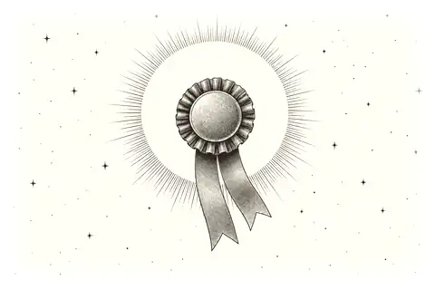 A prize ribbon marked state hangs briefly in an open sky, with gold marking the sky rather than the ribbon.