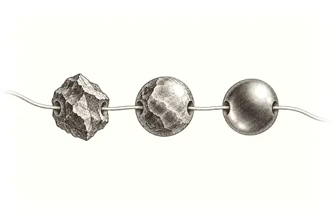 A continuous thread passes through three changing beads, with gold marking the thread and not the states.