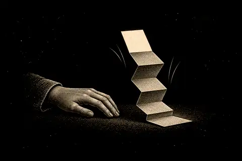 A folded paper ladder opens by itself beside a resting hand, with gold marking simple presence.