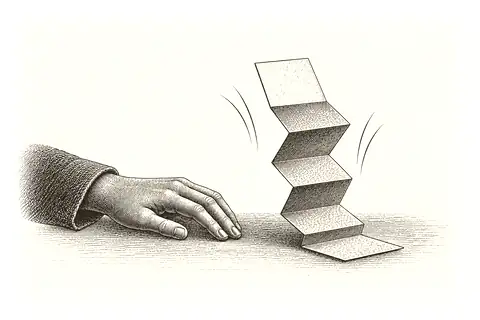 A folded paper ladder opens by itself beside a resting hand, with gold marking simple presence.