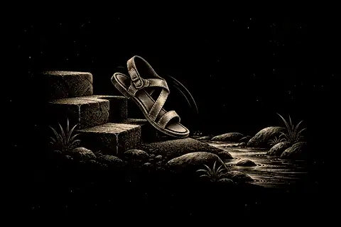 A walking sandal turns from a steep stair toward a low stream, with no gold because the icon shows Taoist non-clinging.