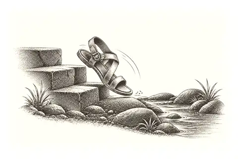A walking sandal turns from a steep stair toward a low stream, with no gold because the icon shows Taoist non-clinging.