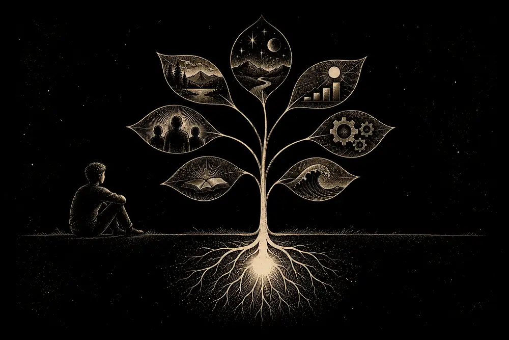 A plant whose leaves are labelled with thoughts, all growing from one stem labelled I, traced down to a gold root
