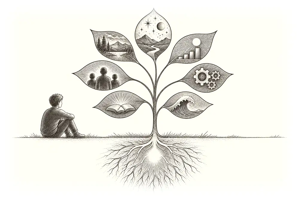 A plant whose leaves are labelled with thoughts, all growing from one stem labelled I, traced down to a gold root