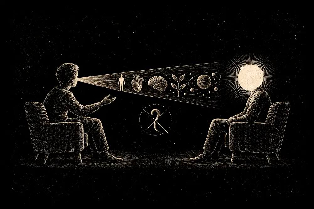 Two seated figures facing each other; a teal beam carries the words tell me who you are from the silent witness to the gold-headed inquirer; a question mark is crossed out