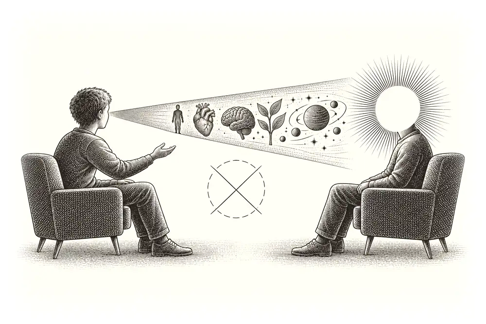 Two seated figures facing each other; a teal beam carries the words tell me who you are from the silent witness to the gold-headed inquirer; a question mark is crossed out