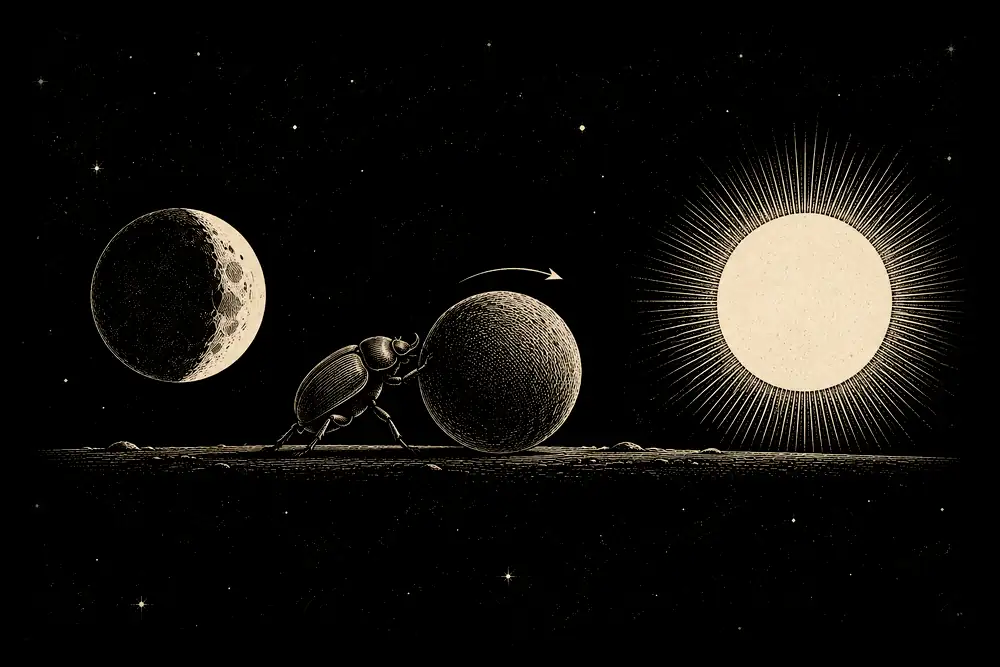 A scarab beetle rolls a round ball along the ground from a pale moon at the left toward a large gold sun at the right