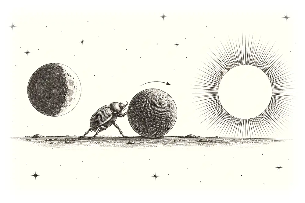A scarab beetle rolls a round ball along the ground from a pale moon at the left toward a large gold sun at the right