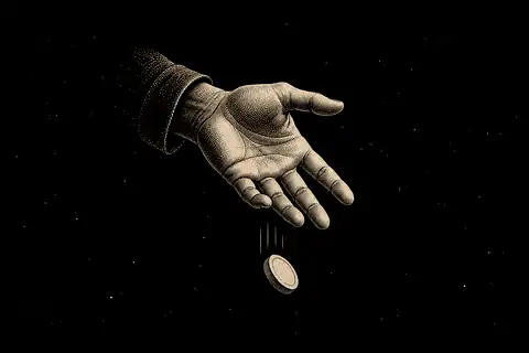 A clenched fist opens and lets a game token fall, with gold marking the open palm.