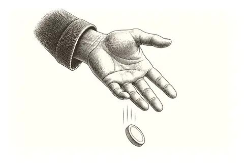 A clenched fist opens and lets a game token fall, with gold marking the open palm.
