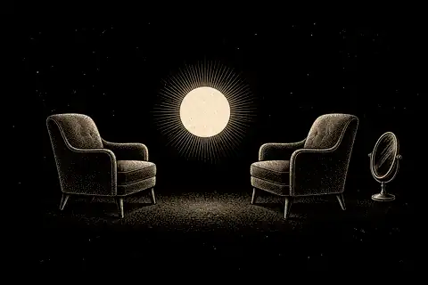 Two chairs face each other while one small mirror is set aside, with gold marking the listening space between them.