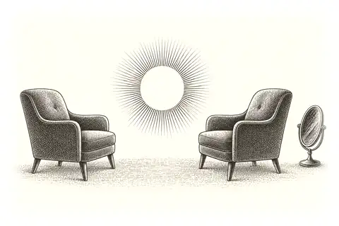 Two chairs face each other while one small mirror is set aside, with gold marking the listening space between them.