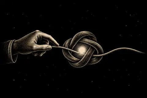 One finger follows a single thread into an open knot, with gold marking the opening at its centre.