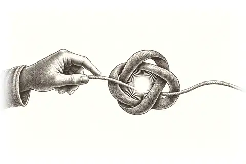 One finger follows a single thread into an open knot, with gold marking the opening at its centre.