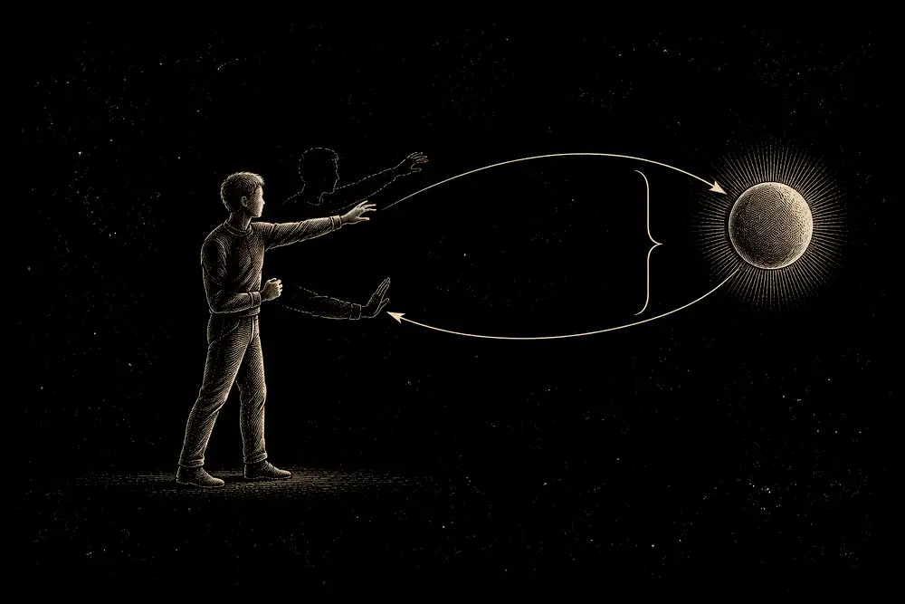 One figure with two arrows into the future: one reaching toward, labelled hope, and one recoiling, labelled fear; a bracket names them one mechanism