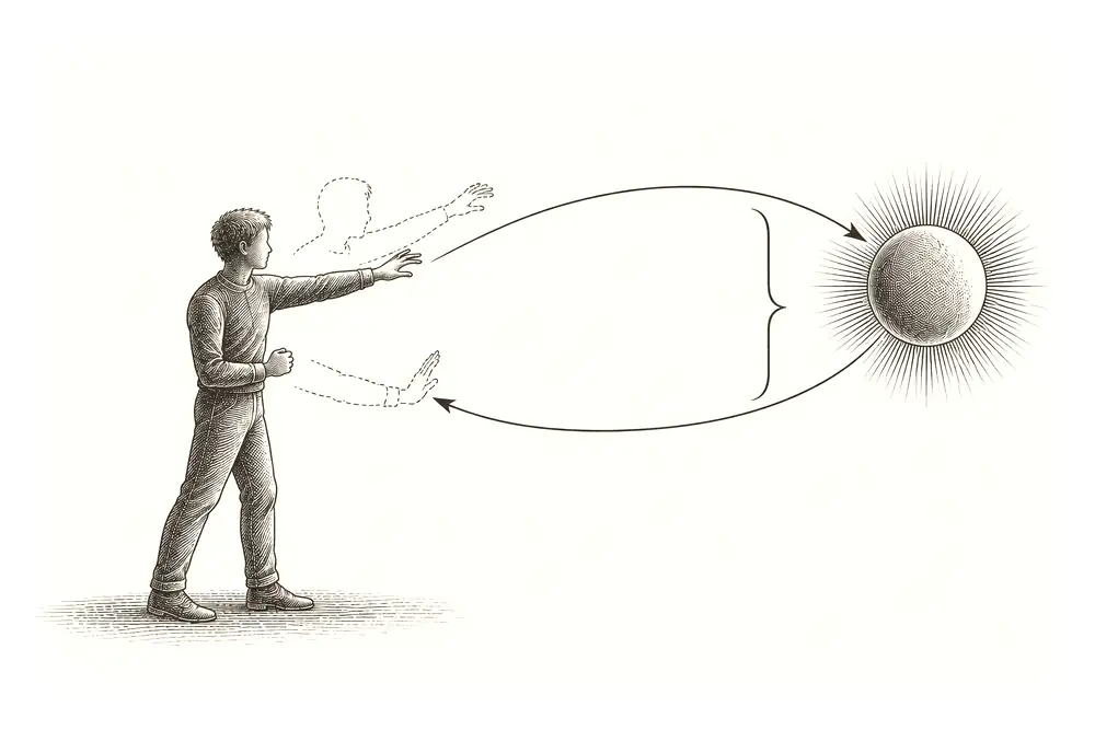 One figure with two arrows into the future: one reaching toward, labelled hope, and one recoiling, labelled fear; a bracket names them one mechanism