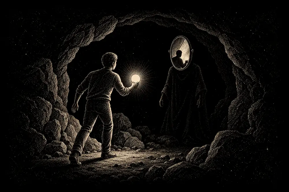 A figure with a small light entering a dark cave to meet a shadowed opponent whose face is a mirror showing the figure