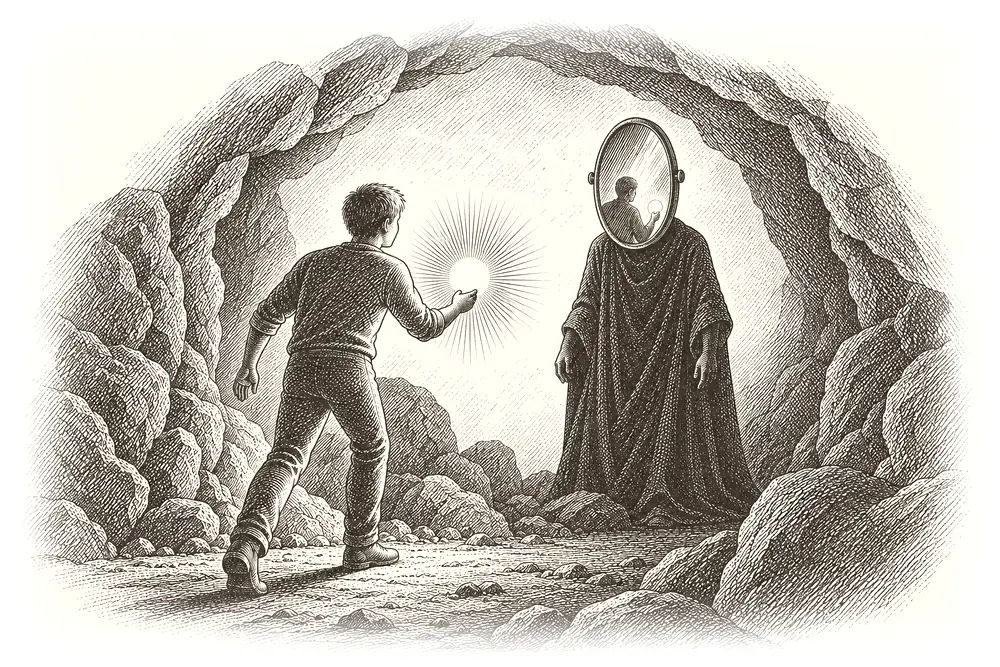 A figure with a small light entering a dark cave to meet a shadowed opponent whose face is a mirror showing the figure