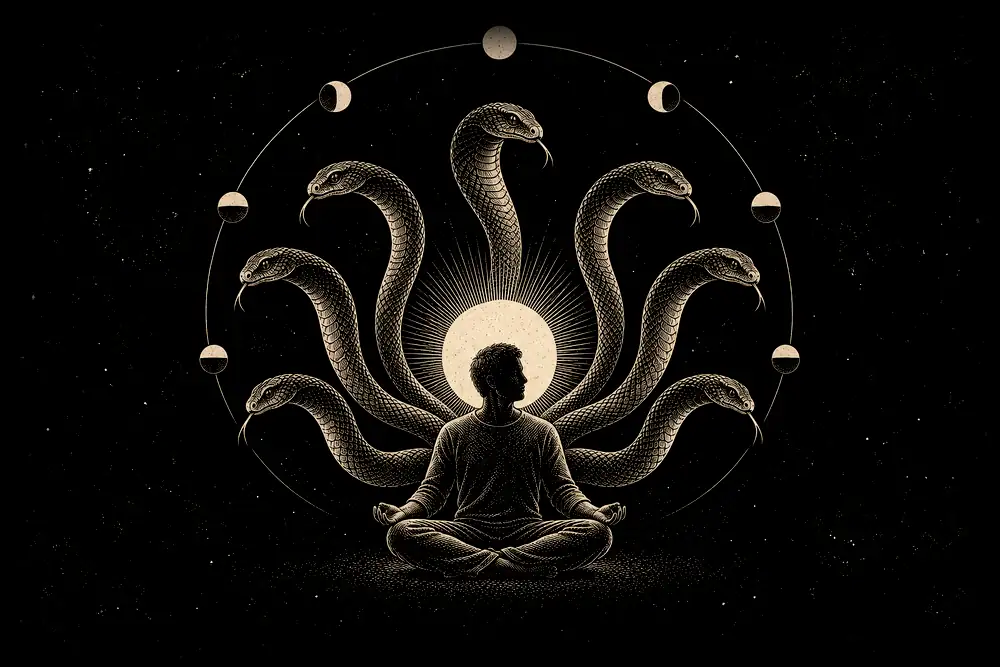 A seated figure with seven calm serpents fanning out behind it, integrated rather than fought
