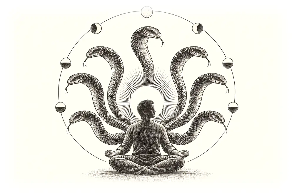 A seated figure with seven calm serpents fanning out behind it, integrated rather than fought