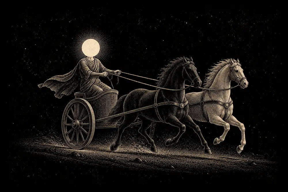 A chariot with a gold-headed driver holding two reins to two horses, one dark and one light, on a road ahead