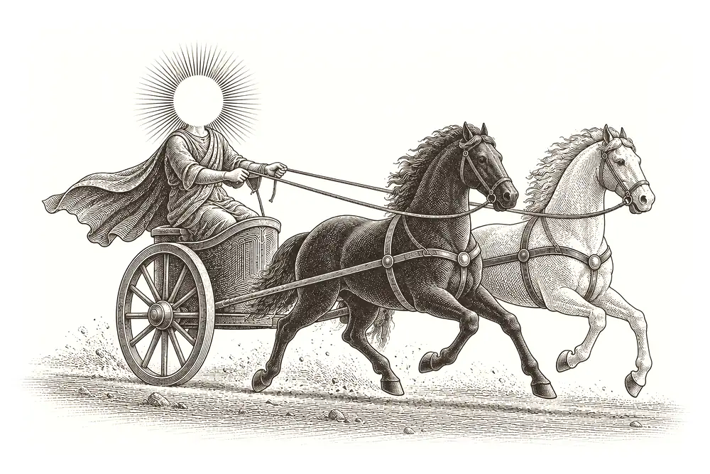 A chariot with a gold-headed driver holding two reins to two horses, one dark and one light, on a road ahead