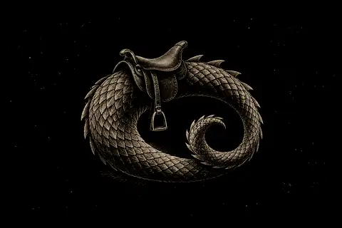 A tiny saddle rests on a curled dragon tail, with no gold because the object shows integrated shadow energy.