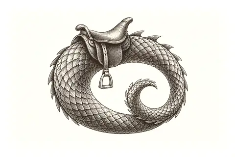 A tiny saddle rests on a curled dragon tail, with no gold because the object shows integrated shadow energy.
