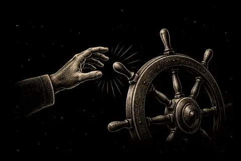 A hand releases a small steering wheel, with gold marking the open space left when control drops.