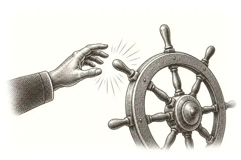 A hand releases a small steering wheel, with gold marking the open space left when control drops.