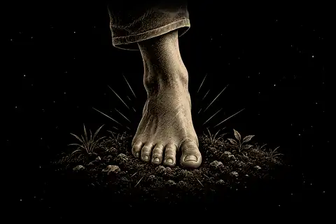 A bare foot presses onto a simple patch of earth, with no gold because the gesture is grounding the nervous system.