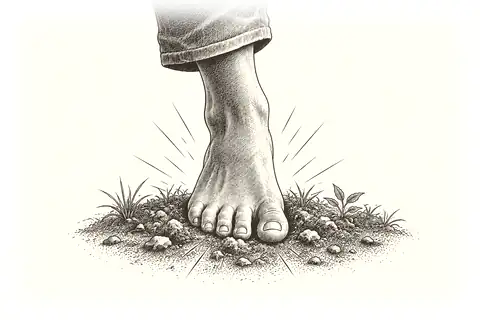 A bare foot presses onto a simple patch of earth, with no gold because the gesture is grounding the nervous system.