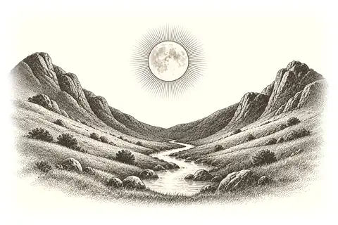 A stream winds down a quiet valley toward the light.
