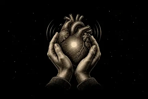 Two hands cup a trembling heart until it settles, with gold marking the calm centre.