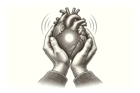 Two hands cup a trembling heart until it settles, with gold marking the calm centre.