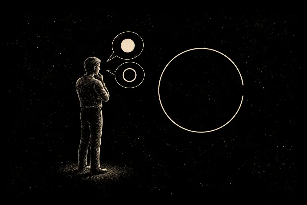 A questioner with two speech bubbles, self? and no-self?, faces an answer drawn as an empty open ring
