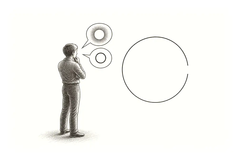 A questioner with two speech bubbles, self? and no-self?, faces an answer drawn as an empty open ring