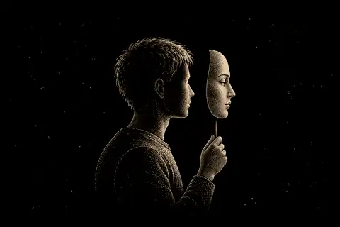 A figure holding up a mask on a stick; the mask reads no-self; behind it the same face
