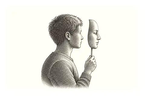 A figure holding up a mask on a stick; the mask reads no-self; behind it the same face